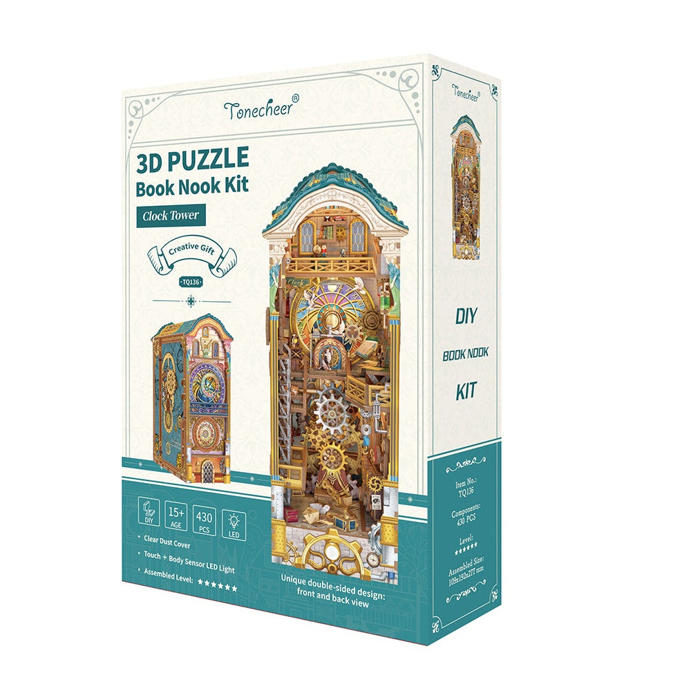 Packaging for the Tonecheer Clock Tower 3D Book Nook Kit shows the intricate 430-piece model featuring detailed gold gears and LED lighting