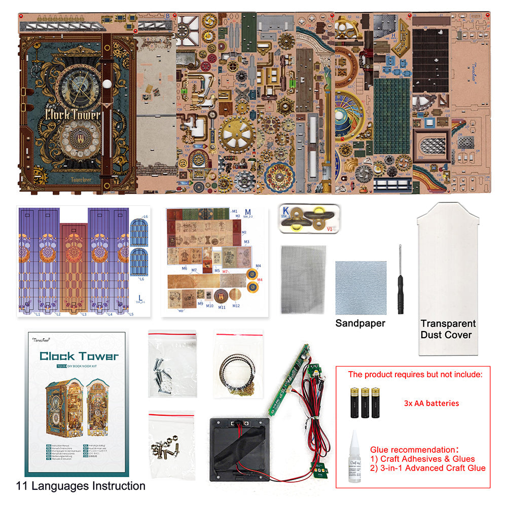 Tonecheer Clock Tower DIY Book Nook kit displaying all unassembled contents including laser-cut wood pieces, instructions, electronics, and a transparent dust cover
