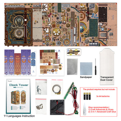Tonecheer Clock Tower DIY Book Nook kit displaying all unassembled contents including laser-cut wood pieces, instructions, electronics, and a transparent dust cover