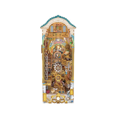 This image captures the tall, complex interior of the Tonecheer Clock Tower book nook, highlighting numerous gold gears and intricate wooden mechanics