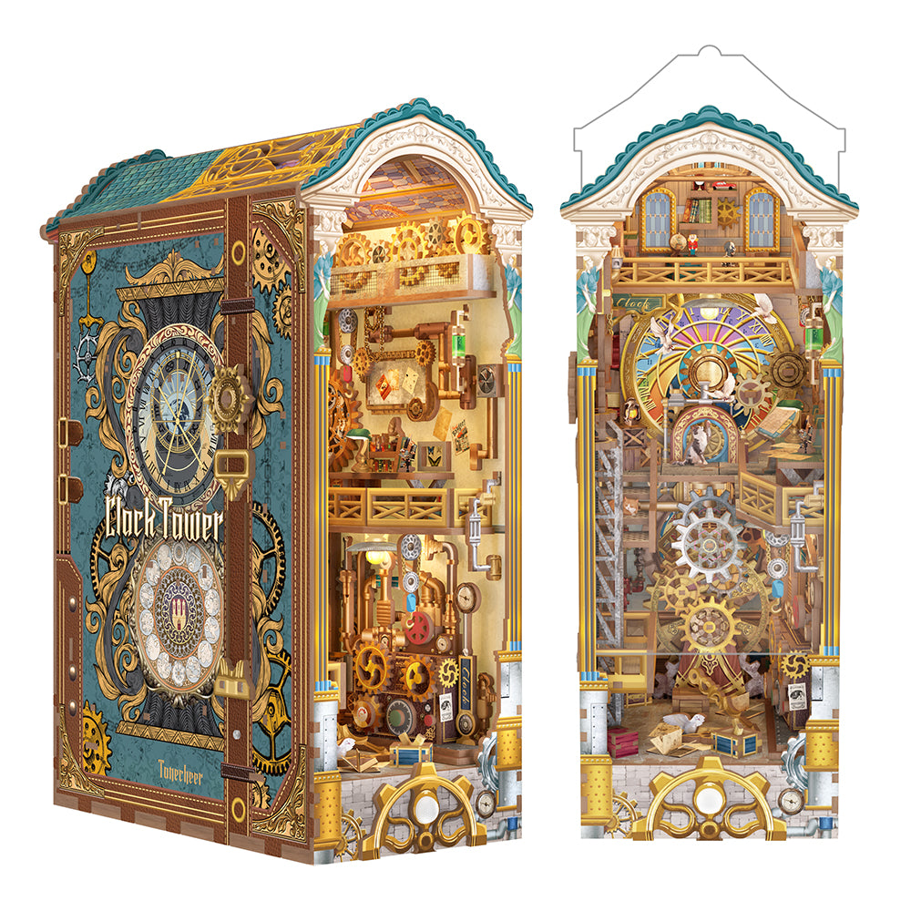 Tonecheer Clock Tower miniature featuring a book-style spine and an internal cutaway view revealing intricate Steampunk mechanical gears and rooms