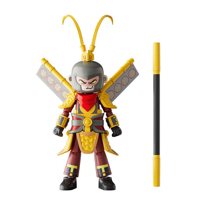 Stylized Monkey King action figure in red and gold armor with banners and a golden staff on a white background