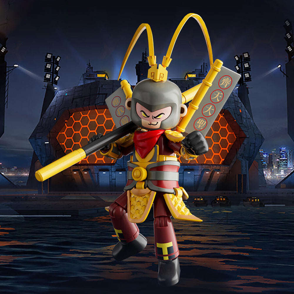 Monkey King (Sun Wukong) action figure in red armor holding a golden staff, against a dark, futuristic industrial backdrop