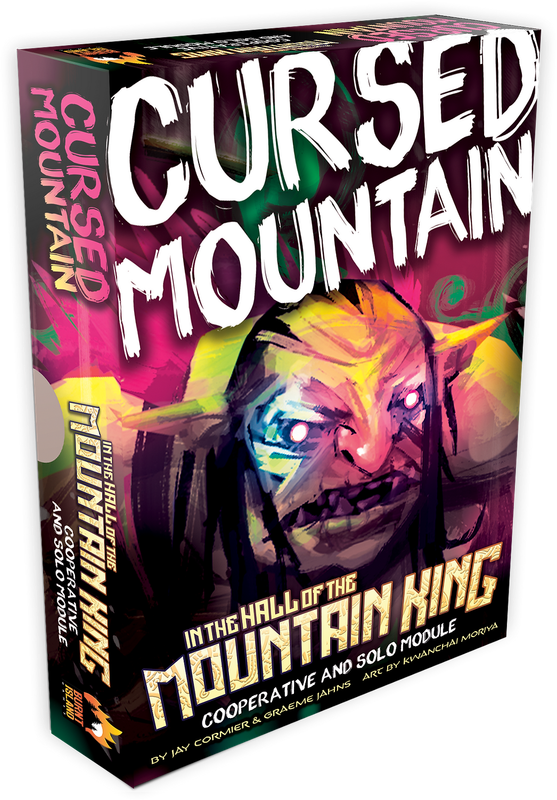 Vertical board game box, "Cursed Mountain: In the Hall of the Mountain King," with a vibrant monster face and glowing eyes
