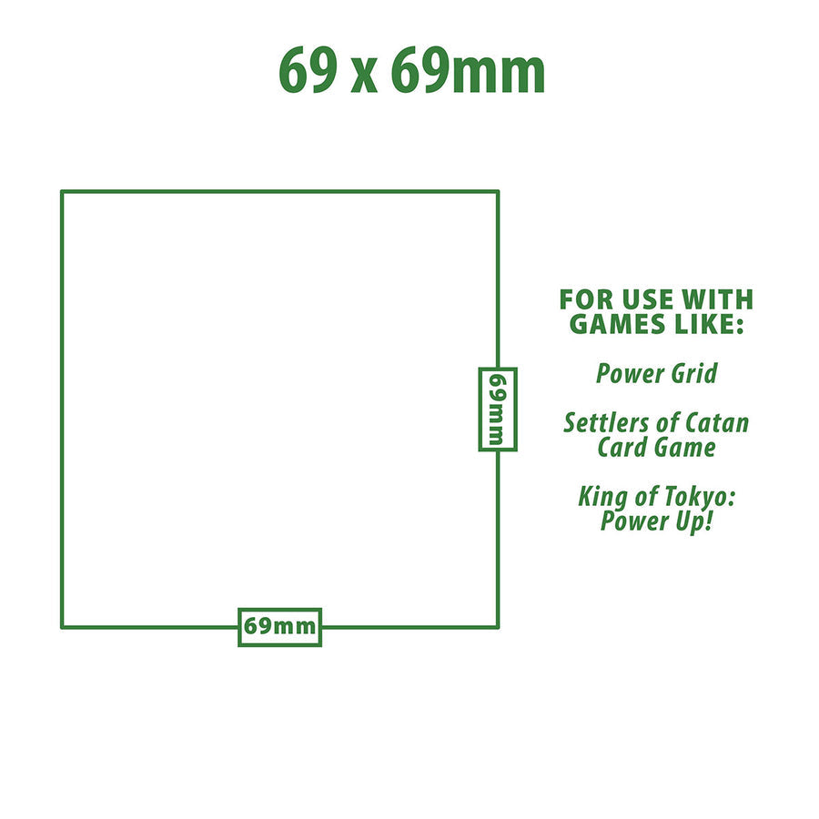 Diagram of a 69x69mm square outline, indicating its use for games like Power Grid and Settlers of Catan