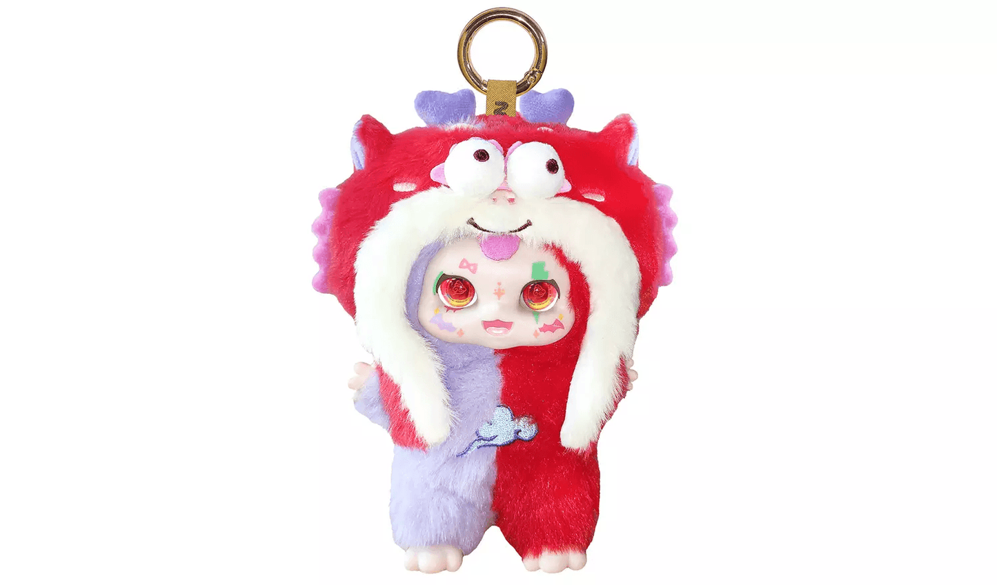 Furry red and purple split-colour doll keychain wearing a large red monster hood with white trim