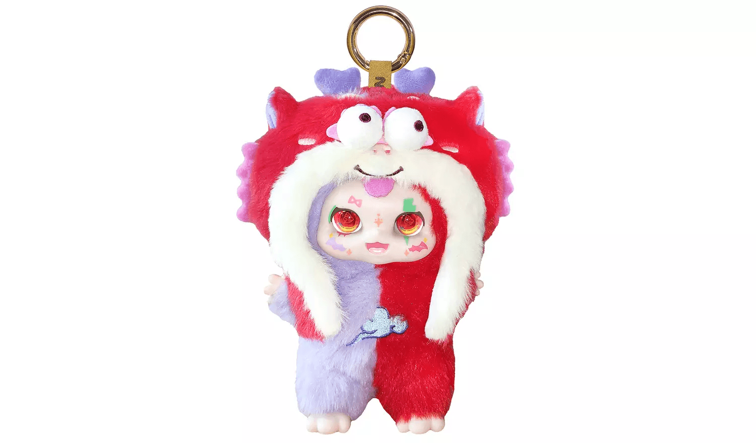Furry red and purple split-colour doll keychain wearing a large red monster hood with white trim