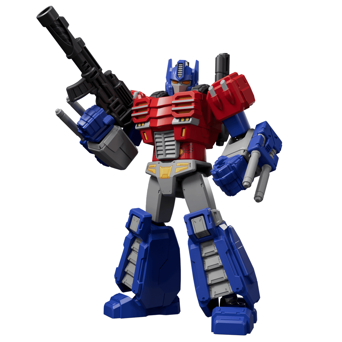 Transformers Optimus Prime action figure with red torso blue legs and head and grey arms holding a black blaste