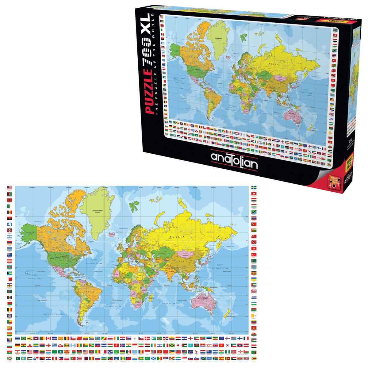 colourful political world map puzzle (700 XL) bordered by international country flags, shown with the Anatolian product box