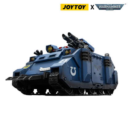 Detailed blue Warhammer 40K Ultramarines armored transport vehicle figure