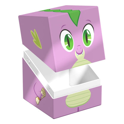 A purple Ultimate Guard Squaroe box featuring Spike from My Little Pony with green scales, eyes, and a scroll, its lid slightly open revealing a white interior