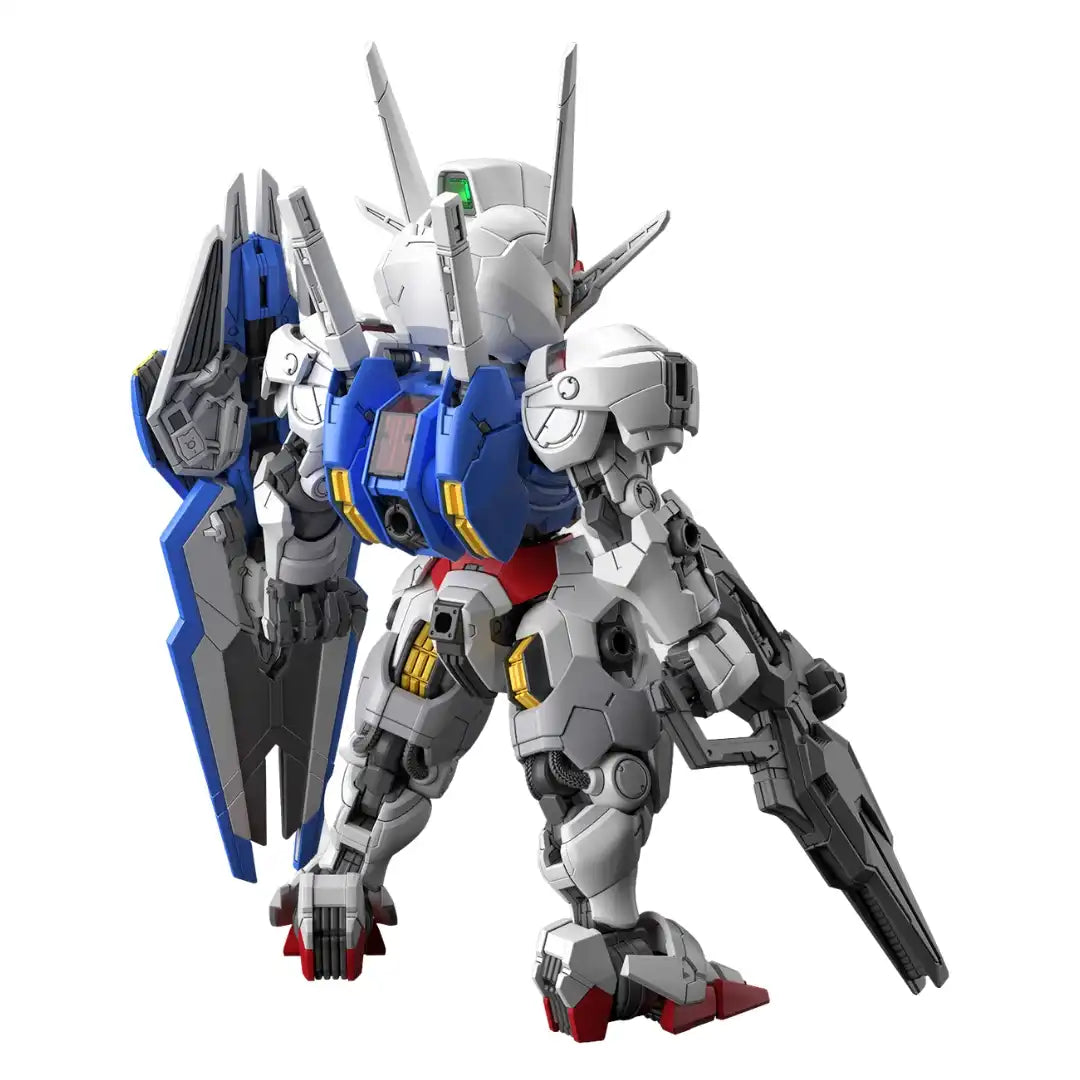 White and blue mecha model, viewed from the back right, holding a rifle and large shoulder shield