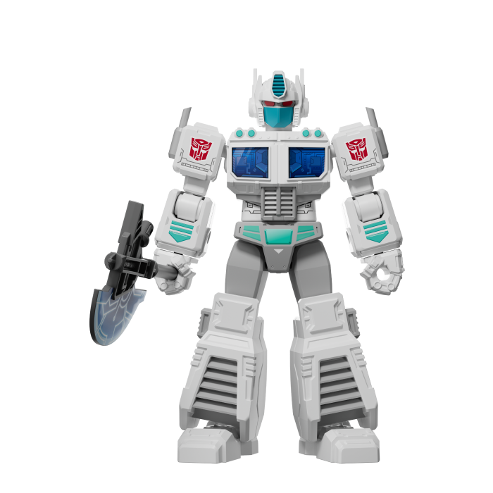 White and teal Optimus Prime figure with gray details holding an ice axe
