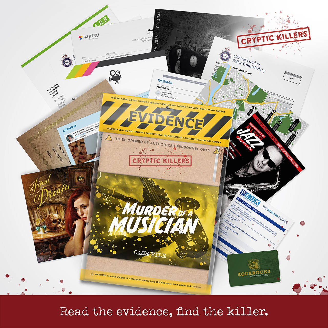 Scattered documents, cards and photos surrounding a central evidence bag titled "Murder of a Musician Case File.
