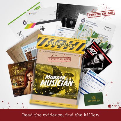 Scattered documents, cards and photos surrounding a central evidence bag titled "Murder of a Musician Case File.