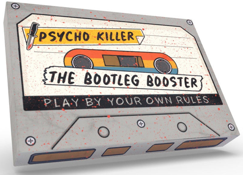 Retro grey cassette tape packaging with blood splatter. Label reads "Psycho Killer: The Bootleg Booster," featuring a knife and retro car graphic