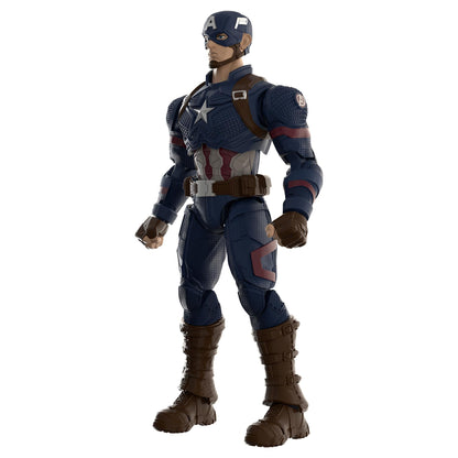 Detailed Captain America action figure in a blue, armored suit and helmet, standing against a white backdrop