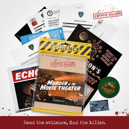 Collection of crime case file evidence, including documents, forensic reports, movie theater tickets and an evidence bag