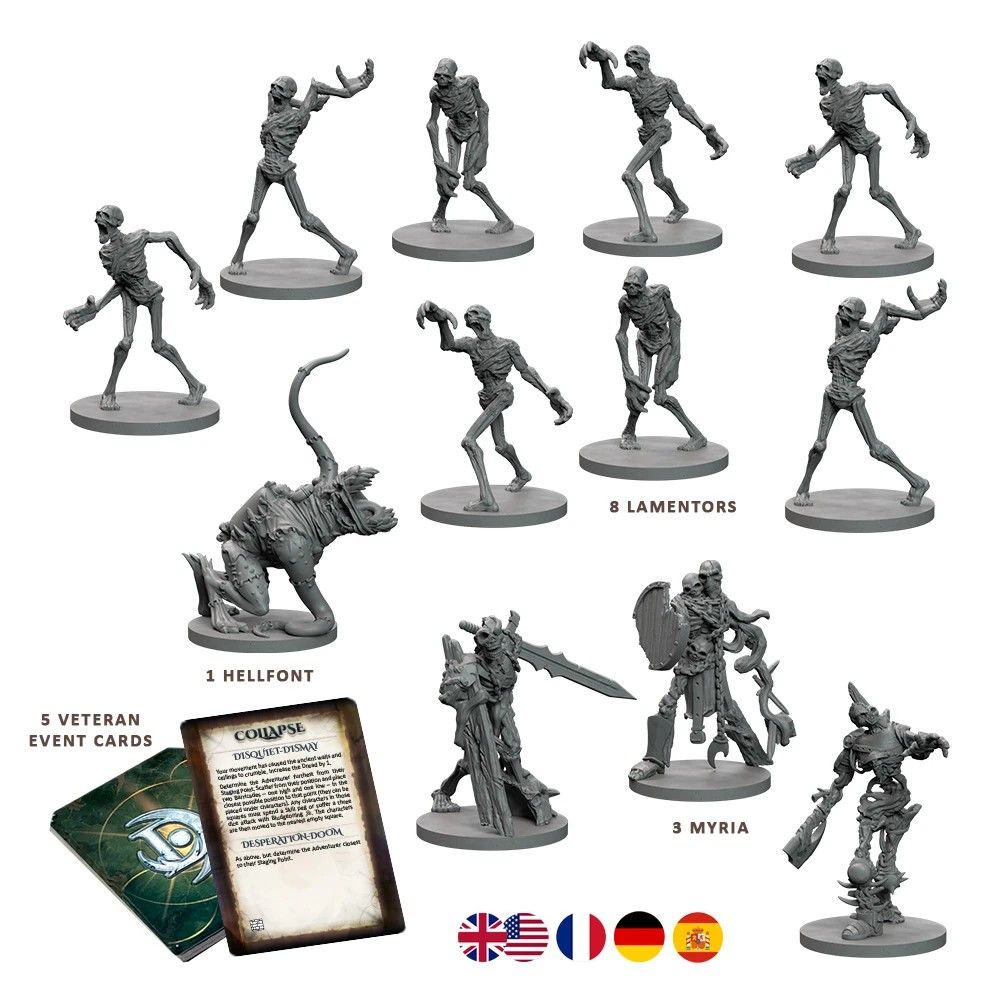 Grey miniatures from a board game: 8 skeletons, 1 large beast, 3 armored warriors, and 5 event cards.