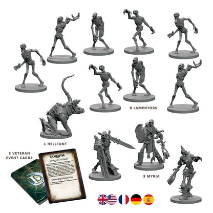 Grey miniatures from a board game: 8 skeletons, 1 large beast, 3 armored warriors, and 5 event cards.
