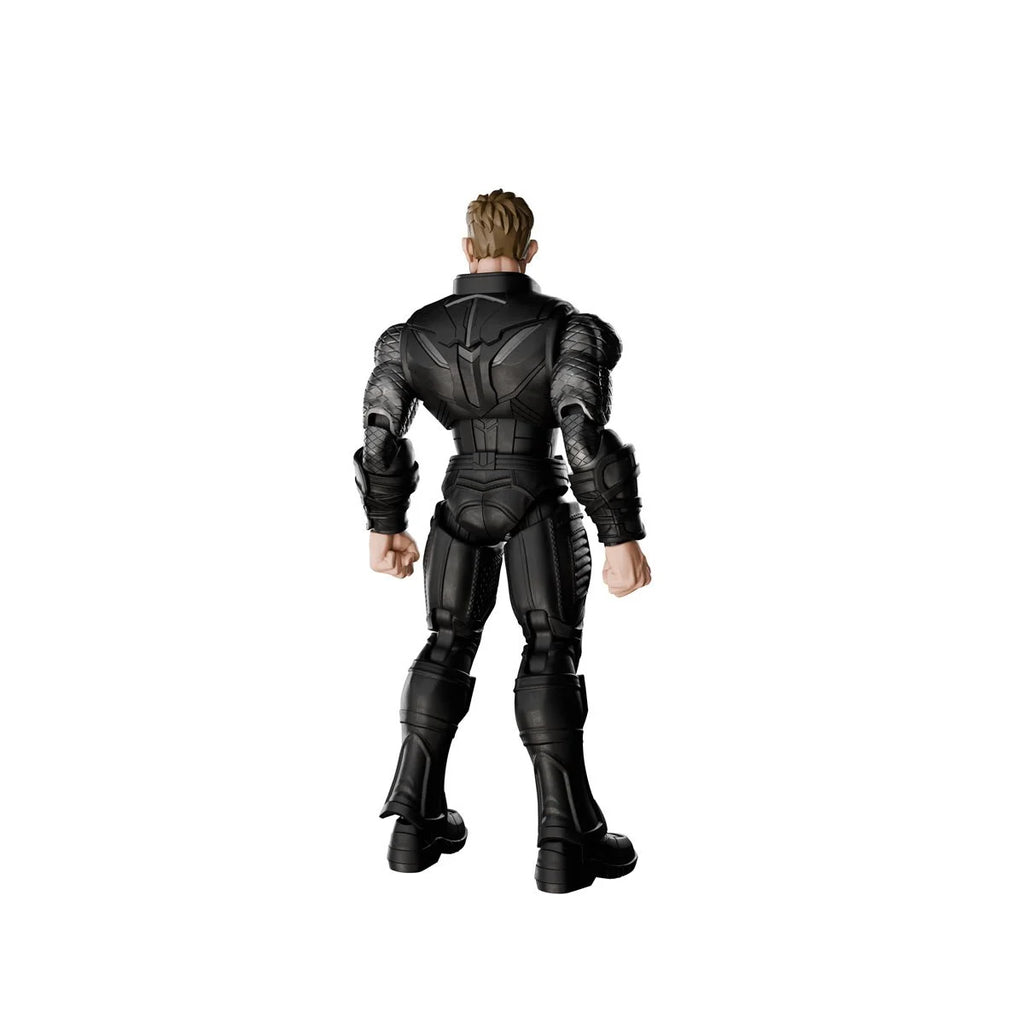 Back view of a muscular male action figure wearing a highly detailed black armored suit