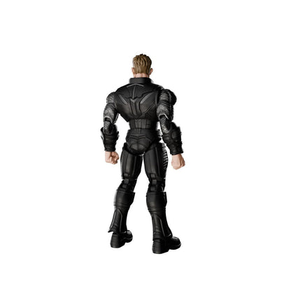 Back view of a muscular male action figure wearing a highly detailed black armored suit
