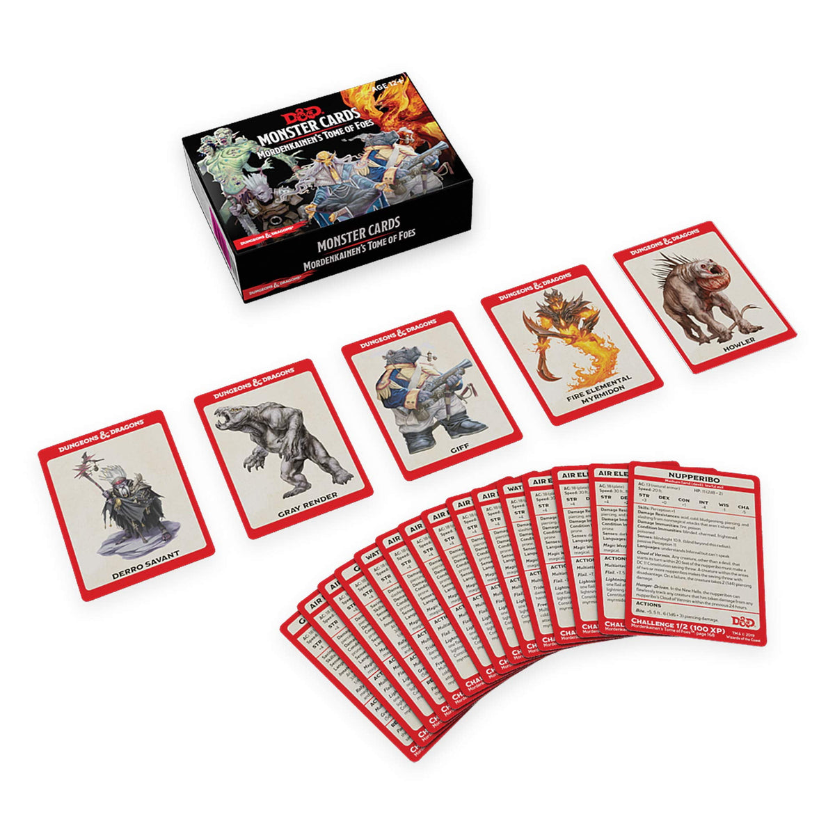 D&amp;D Monster Cards: Mordenkainen&#39;s Tome of Foes box with monster cards like Giff and Howler displayed