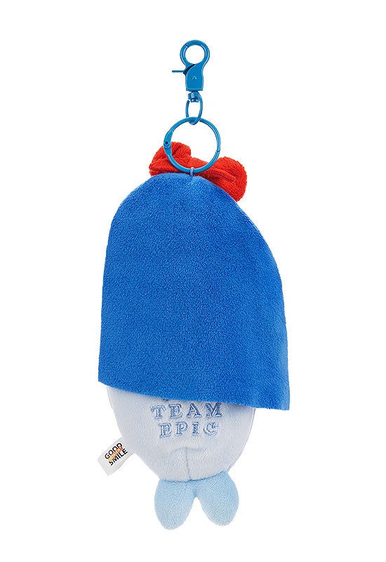 Blue and white plush character keychain with a red bow and TEAM EPIC embroidery featuring a blue lobster claw clasp