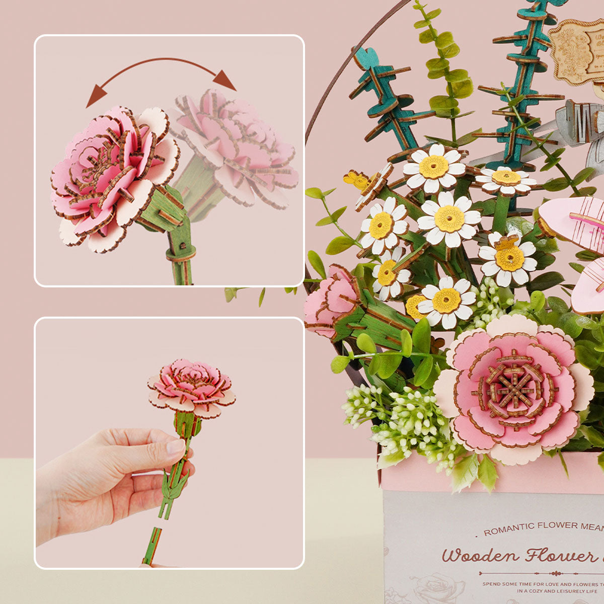 Robotime Wooden Bloom Flower Basket Diy puzzle rotatable pink flower