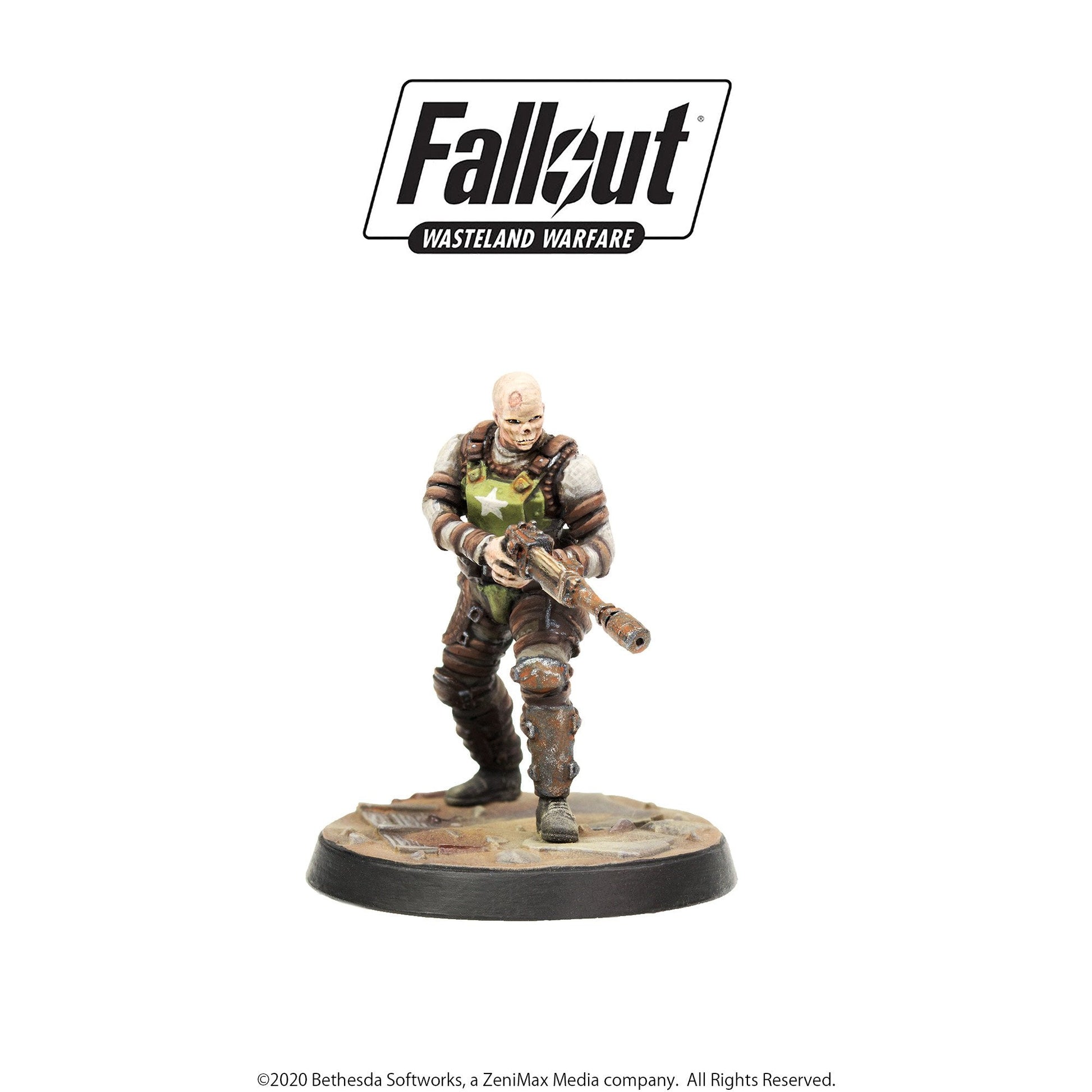 Fallout Wasteland Warfare miniature of a pale, scarred figure in wasteland armor holding a rifle