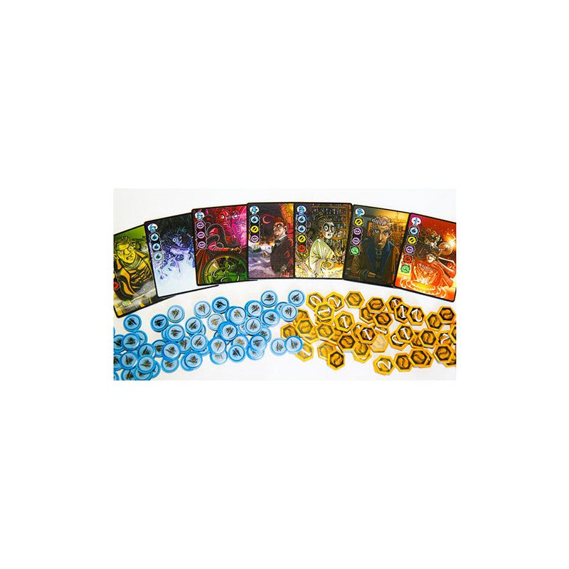 7 Souls board game with a fan of character cards and stacks of blue and gold hexagonal tokens spread out on a white surface