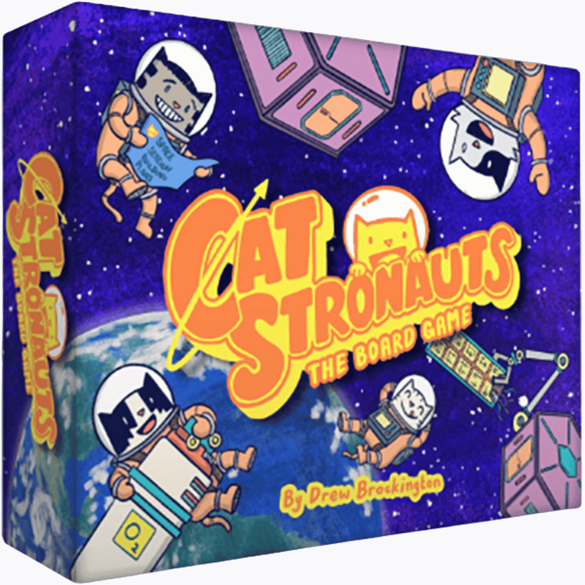 Cat Stronauts The Board Game box features cartoon cats in space suits floating around Earth with a satellite and space station