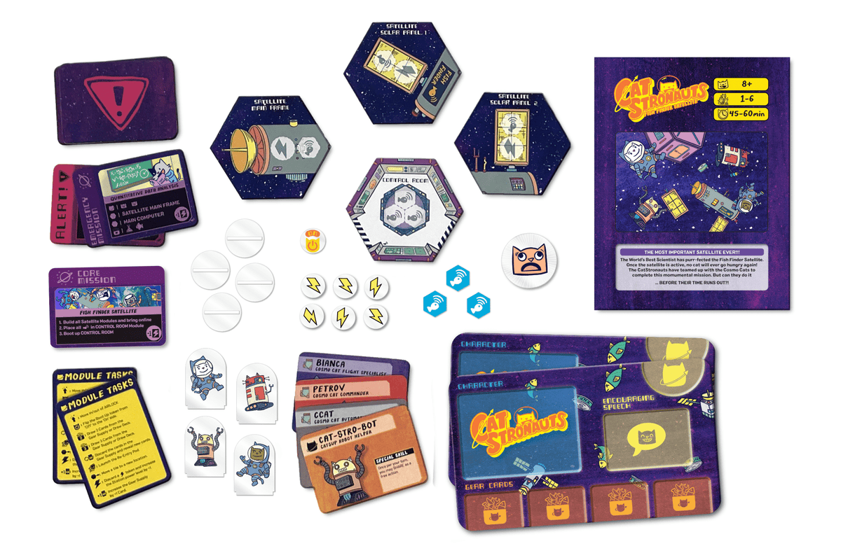 Catstronauts Fish Finder Satellite board game components including hex-shaped satellite modules mission cards character standees and game box cover with cat astronauts in space