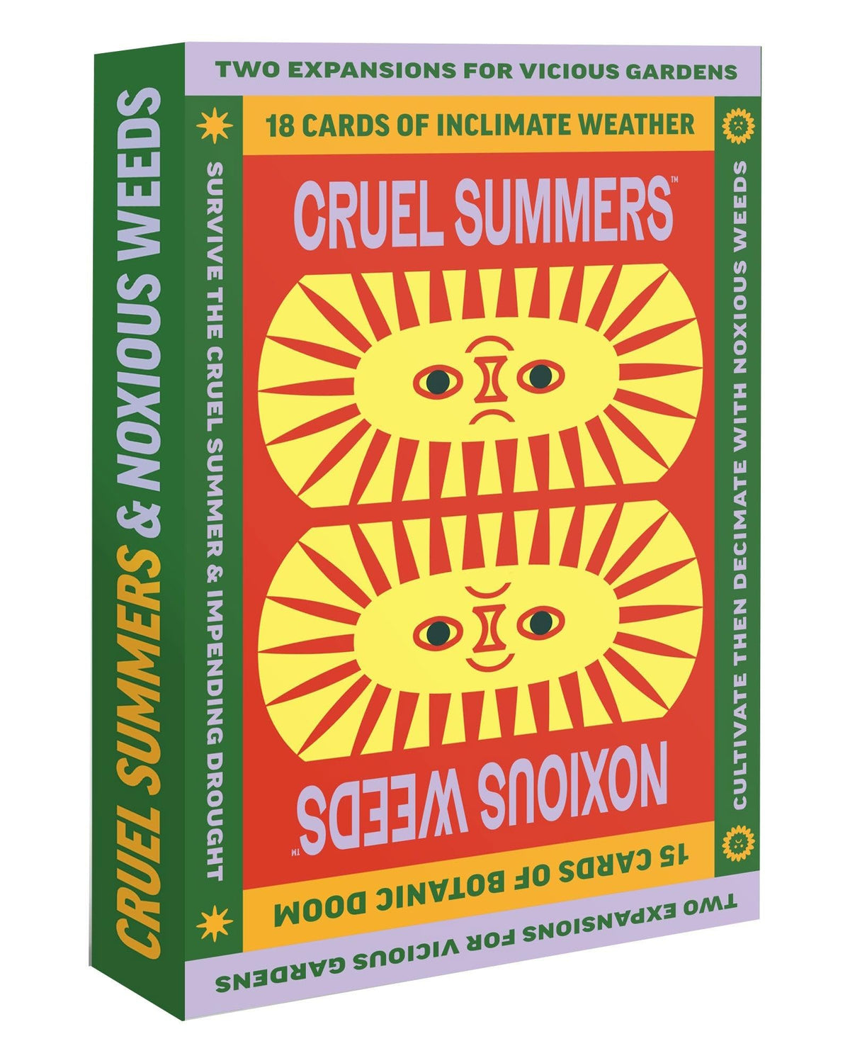 The Vicious Gardens Cruel Summers &amp; Noxious Weeds expansion box features two stylized suns with different expressions on a red background with green side panels