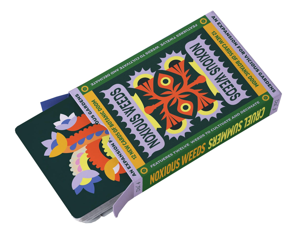 The Vicious Gardens Cruel Summers &amp; Noxious Weeds game expansion pack features dark green packaging with colorful stylized plant art