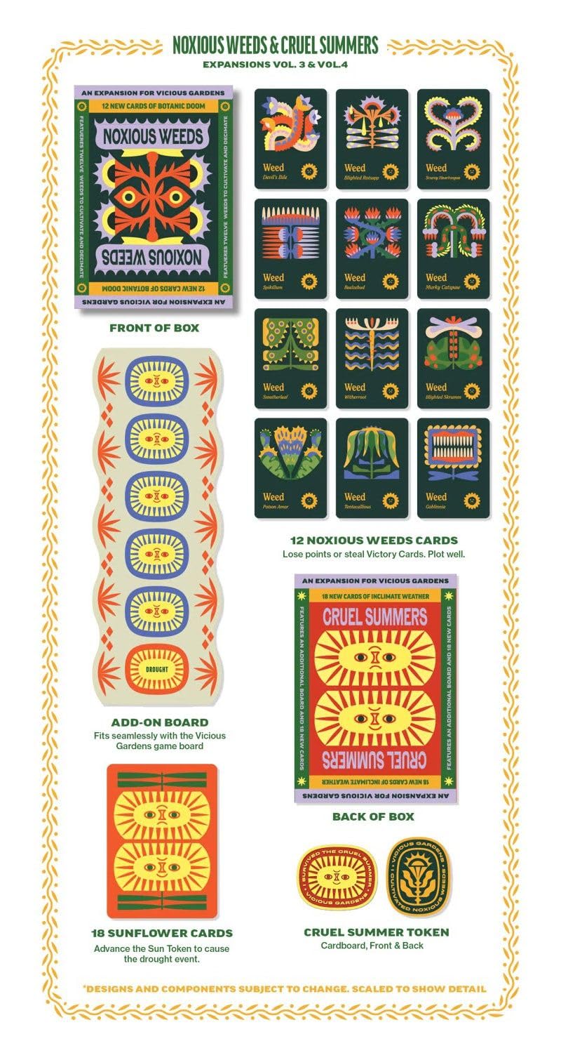 Vicious Gardens game expansion components displayed, including two box designs, twelve weed cards, an add-on drought board, eighteen sunflower cards, and a dual-sided token