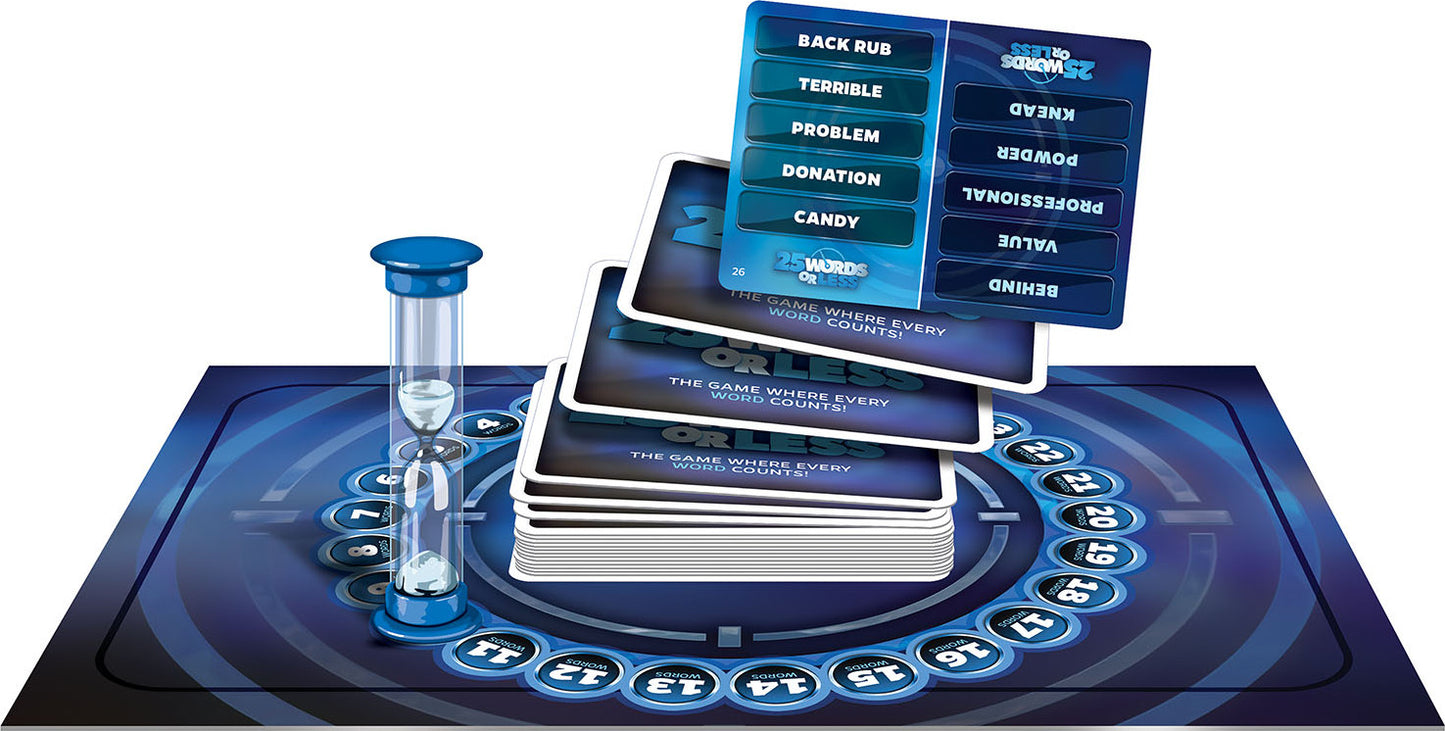 25 Words or Less game components including cards, board, and timer