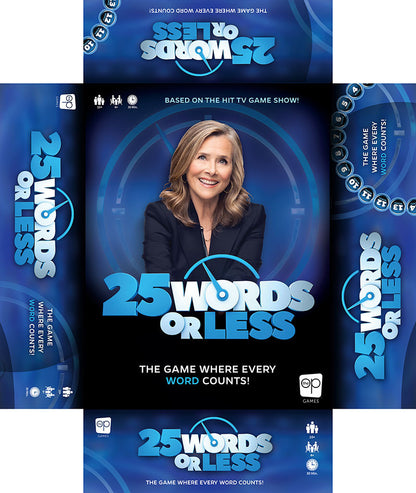 Game setup of 25 Words or Less with cards and scoreboard