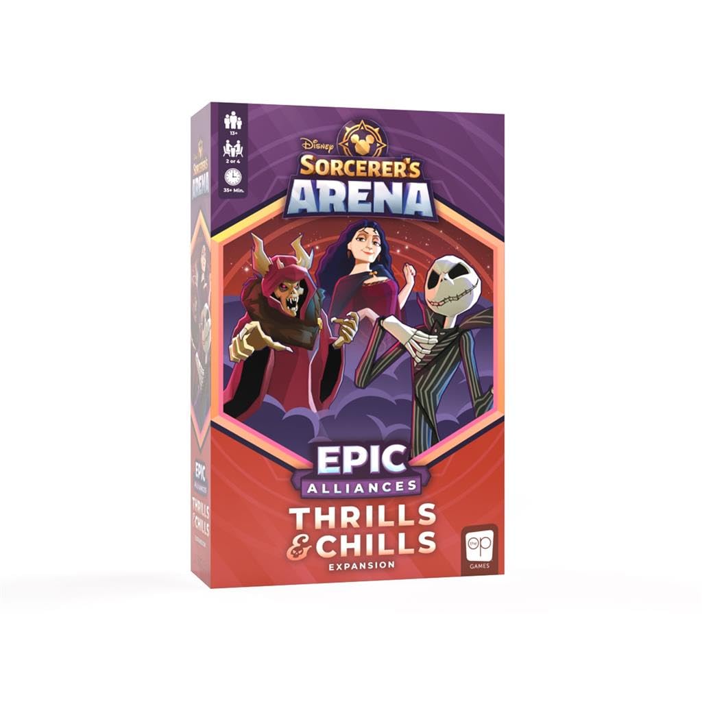 The game box for Disney Sorcerer&#39;s Arena: Epic Alliances - Thrills &amp; Chills Expansion features three characters including a horned creature, a woman, and a skeleton figure