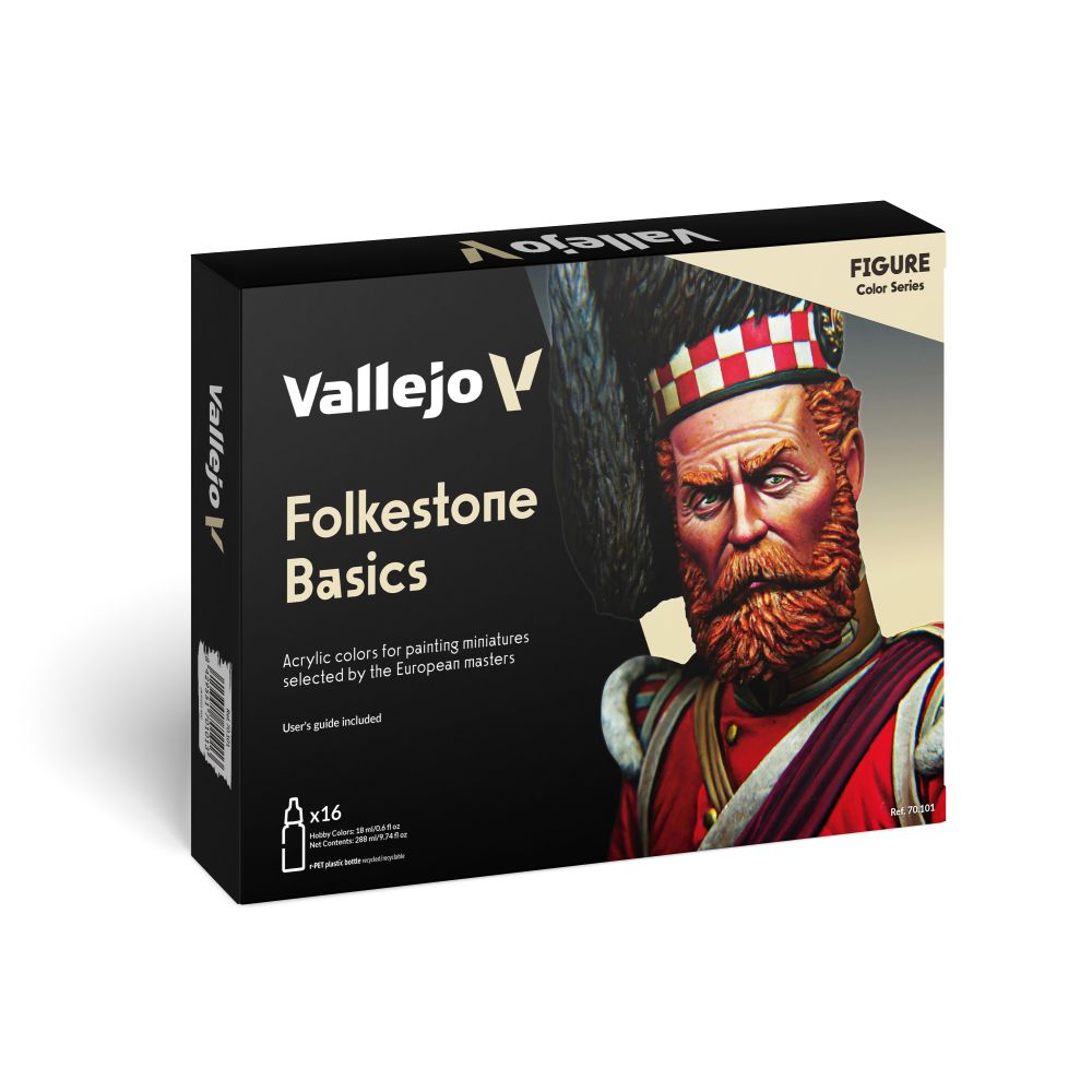 A black Vallejo Folkestone Basics Colour Set box featuring a realistic illustration of a red-bearded man in Scottish attire, indicating 16 paint bottles