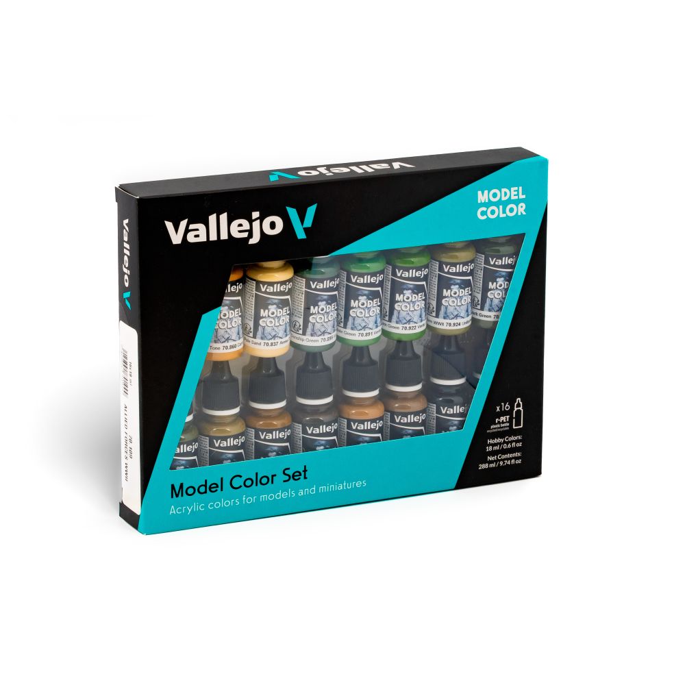 A Vallejo Model Color Set box containing 16 small bottles of brown and green acrylic model paints