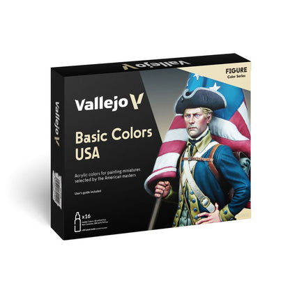 Vallejo Basic Colors USA paint box with a Revolutionary War soldier holding an American flag