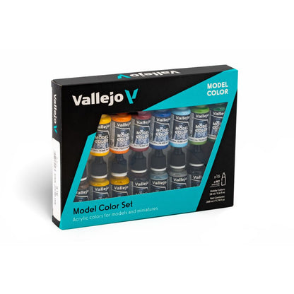 Black Vallejo Model Colour Set box, showing 16 bottles of various acrylic paints for models and miniatures.