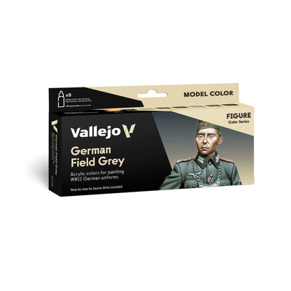 Vallejo German Field Grey acrylic paint set box for WWII uniforms, with a detailed German soldier illustration