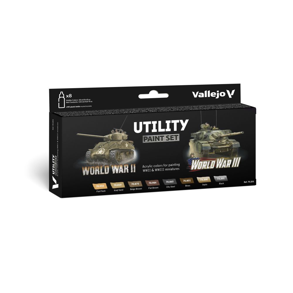 Black Vallejo Utility Paint Set box, featuring 8 acrylic colours for WWII & WWIII miniature tanks.