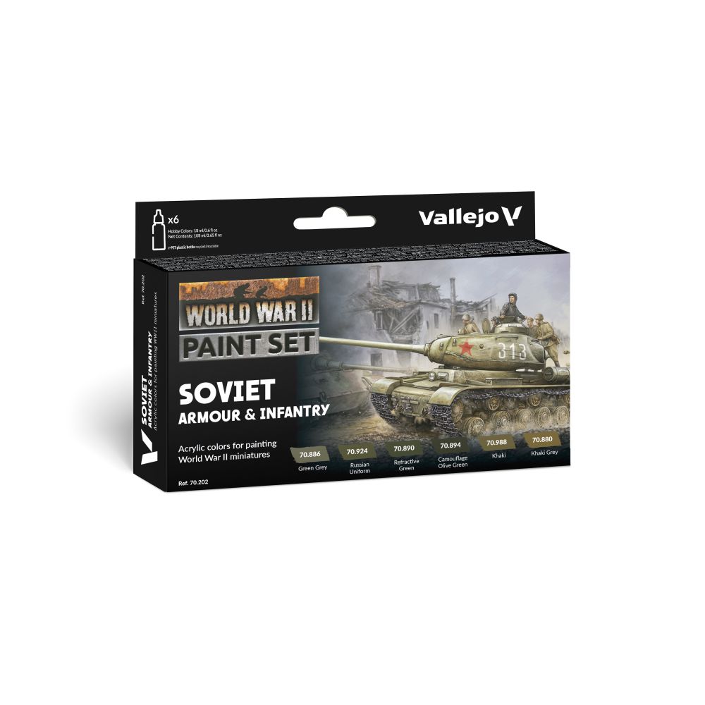 Vallejo WWII Soviet Armour and Infantry paint set box with a tank, soldiers and color swatches