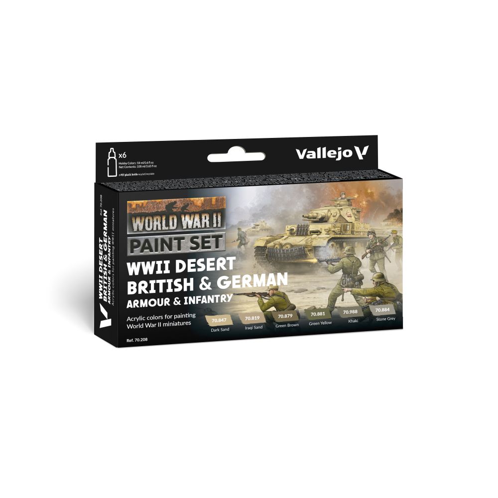 Vallejo WWII Desert British & German Armour & Infantry Paint Set, with a tank, soldiers, and 6 colors