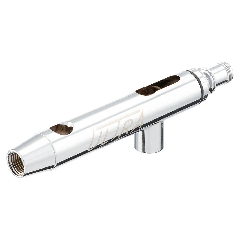 A chrome cylindrical airbrush body with open slots, a side port, and threaded ends, featuring the word ULTRA