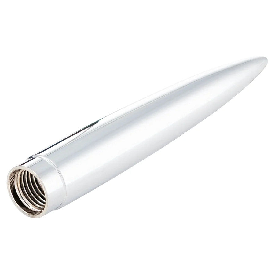 A chrome Harder & Steenbeck ULTRA 2024 Endpiece with a tapered design and internal threading at one end