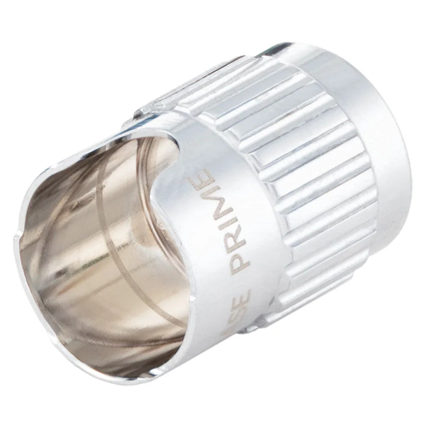 A shiny silver cylindrical color control collar with a ribbed end and open bore